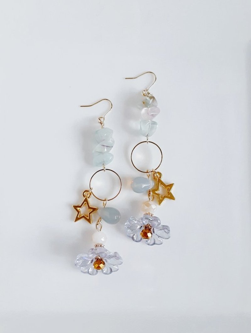 Cute fancy earrings with flower beads and stars, fluorite, unique design, gift, stylish, can be changed to allergy-friendly earrings or Clip-On - Earrings & Clip-ons - Stone Gray