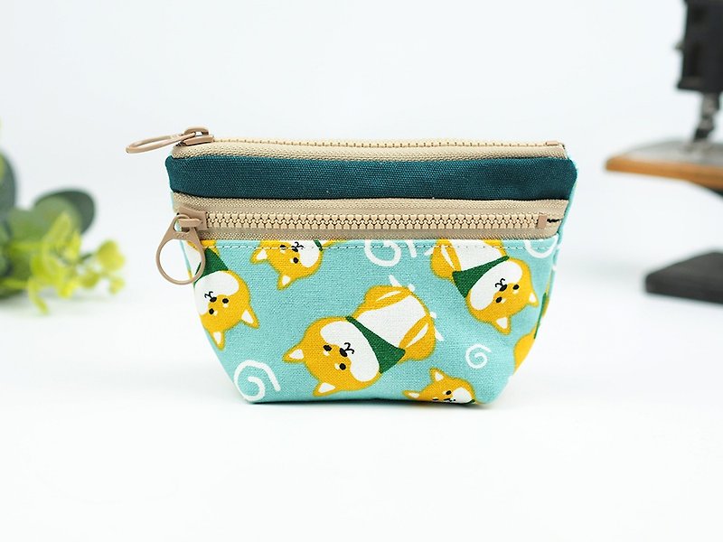 Handmade cloth bag pocket purse double zipper small admission package pet dog Shiba Inu [large Q firewood] lake green [BG-12] - กระเป๋าใส่เหรียญ - ผ้าฝ้าย/ผ้าลินิน สีเขียว