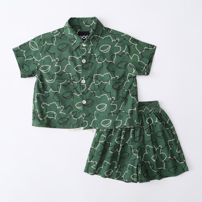 GOC Studio parent-child children's clothing shirt and pants suit-Late Autumn Narcissus - Tops & T-Shirts - Cotton & Hemp Green