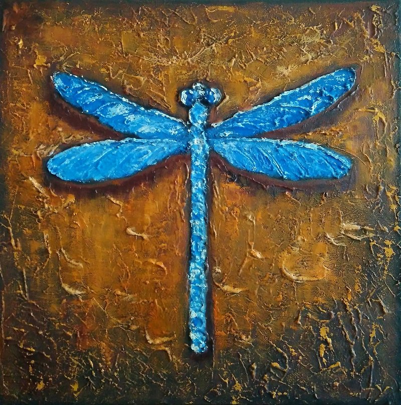 Blue Dragonfly Original Painting, Insect Wall Art, Texture Artwork, 手工油畫, 油畫原作 - โปสเตอร์ - วัสดุอื่นๆ หลากหลายสี