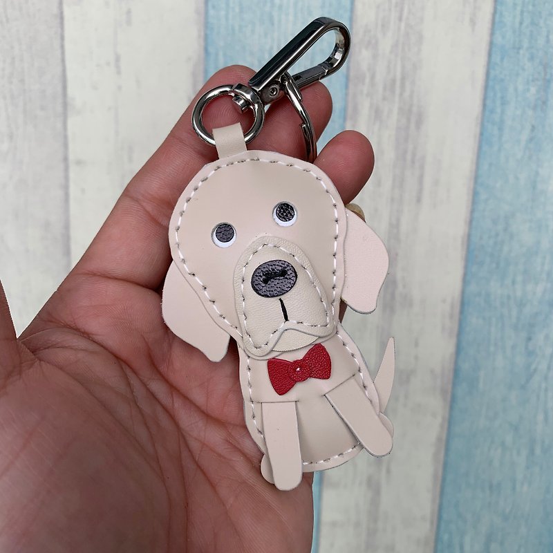 Healing small things handmade leather beige Labrador dog pure hand-sewn keychain small size - Keychains - Genuine Leather White