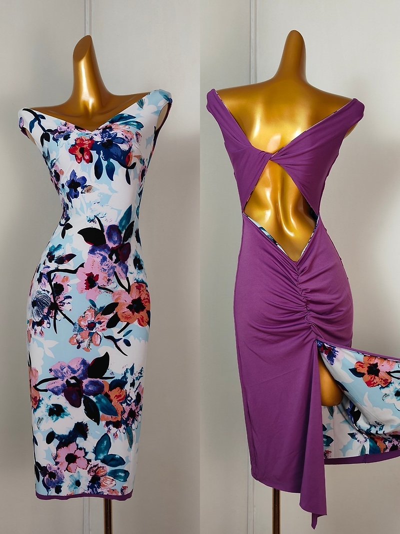 印花兩穿扭結露背洋裝 - 連身裙 - 其他材質 紫色
