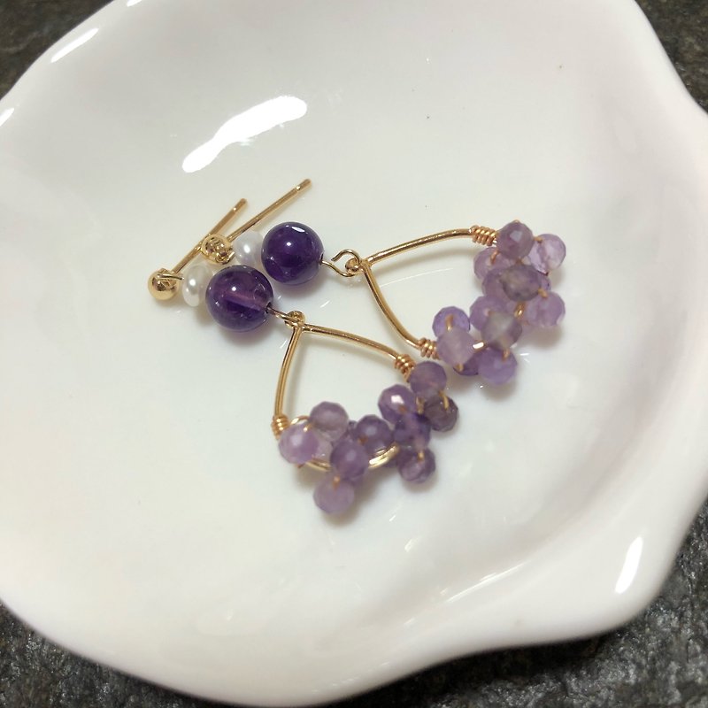 S925 sterling silver 14K gold-plated pearl amethyst natural crystal customized anti-allergic earrings - Earrings & Clip-ons - Crystal Purple
