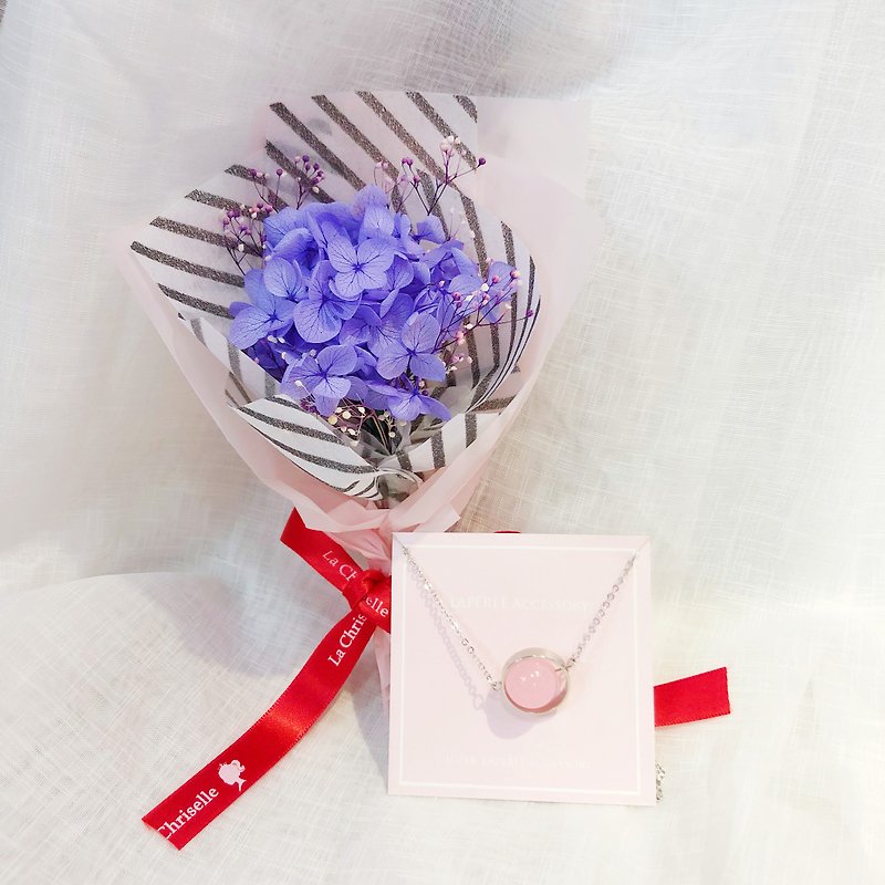 褔袋乾燥花束禮盒  不凋花 保鮮花 繡球花  粉晶 頸鏈 項鍊  紫色 - 頸鏈 - 水晶 粉紅色