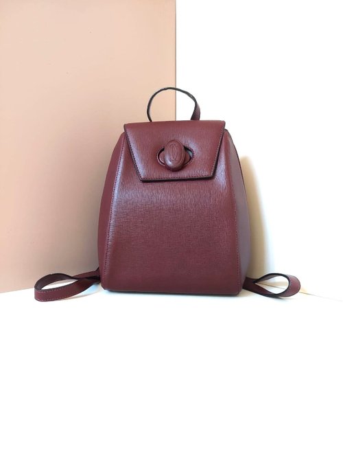 LA LUNE Vintage 日本鑑證古董品選物店 母親節優惠中古二手Cartier酒紅色皮革雙肩後揹包背囊小包手袋
