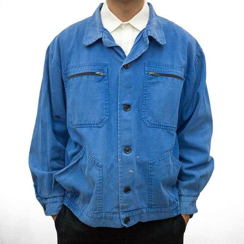 Enterprise version work jacket work clothes electric embroidery four pockets splash paint blue dyed fabric stiff vintage - Men's Coats & Jackets - Cotton & Hemp Blue