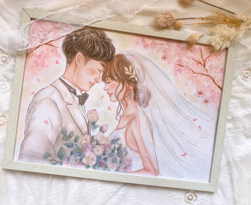 A3 size wedding couple wooden frame painting/customized like-face painting/portrait/illustration/hand-painted/wedding gift/ - ภาพวาดบุคคล - กระดาษ หลากหลายสี