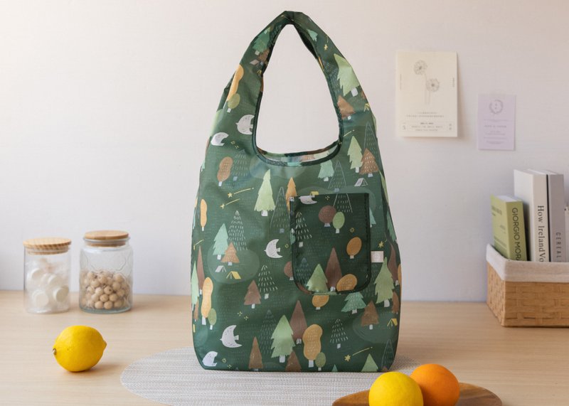 [Walk in the forest-dark green-elegant wide bottom shopping bag] environmental protection bag / foldable storage - กระเป๋าถือ - เส้นใยสังเคราะห์ สีเขียว