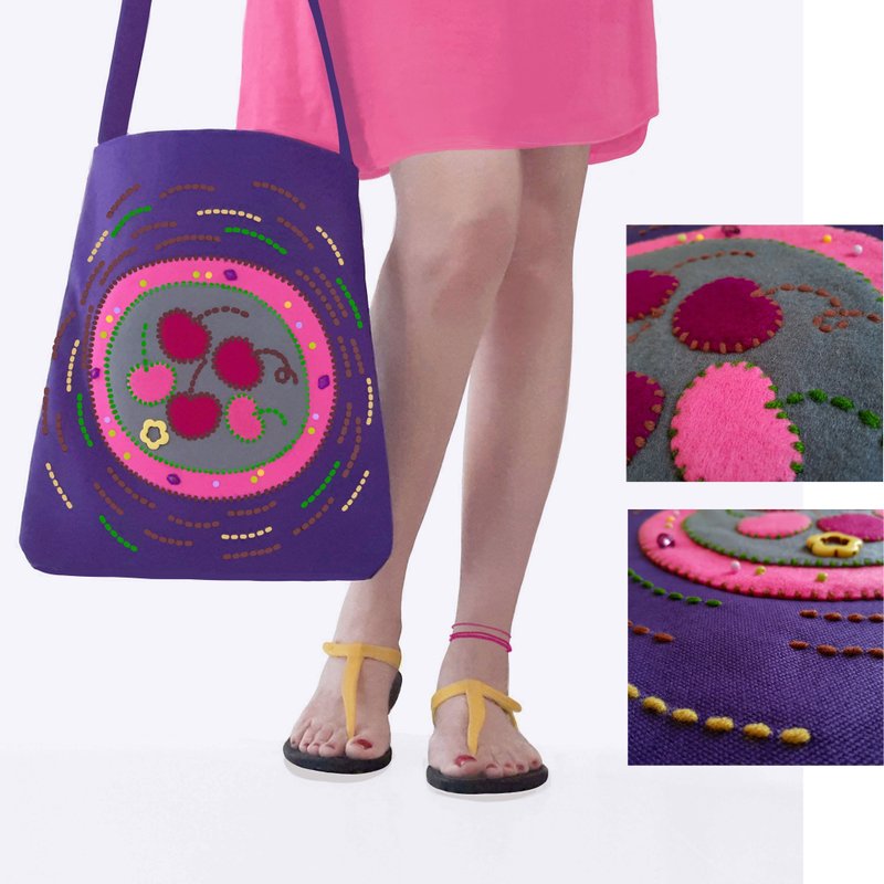 12x14 inch tote. Fun and original with hand-stitched design with felt and beads - 手提包/手提袋 - 繡線 紫色
