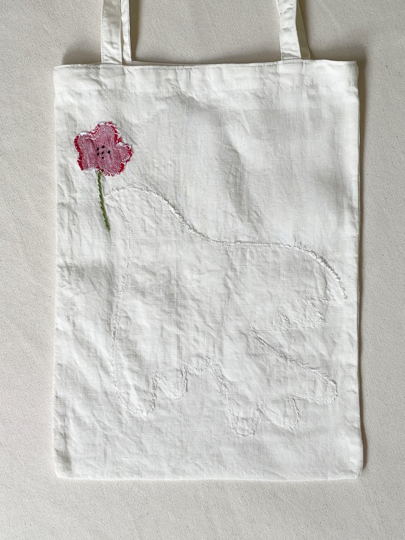 日本製造 柔軟法式亞麻托特包 再生逸品 鴿子與花 - 手袋/手提包 - 棉．麻 白色