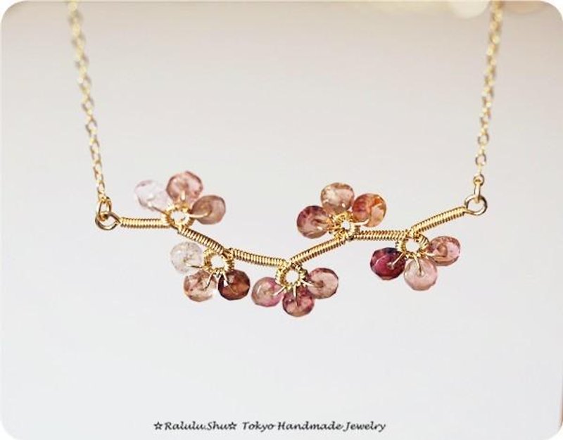 14KGF Cherry Blossom Flower Pink Tourmaline Necklace October Birthstone - Necklaces - Gemstone 