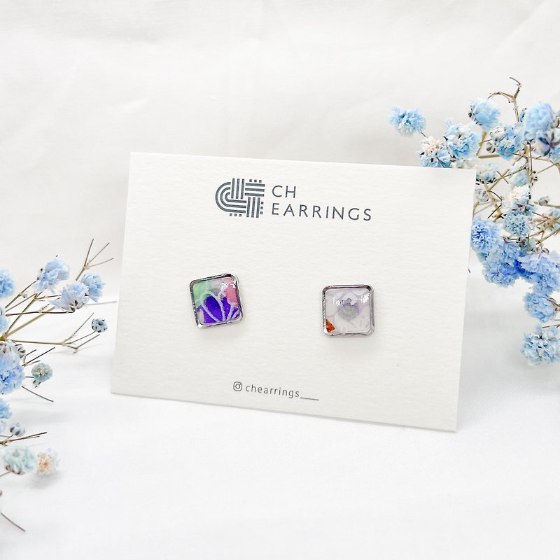 Chearrings | 日本和紙 樹脂 方形耳釘 - 耳環/耳夾 - 紙 紫色