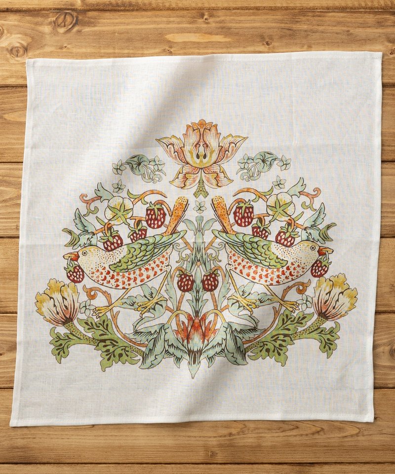 Large Linen handkerchief William Morris pattern 43×43cm 06. White - Strawberry Thief - อื่นๆ - วัสดุอื่นๆ หลากหลายสี