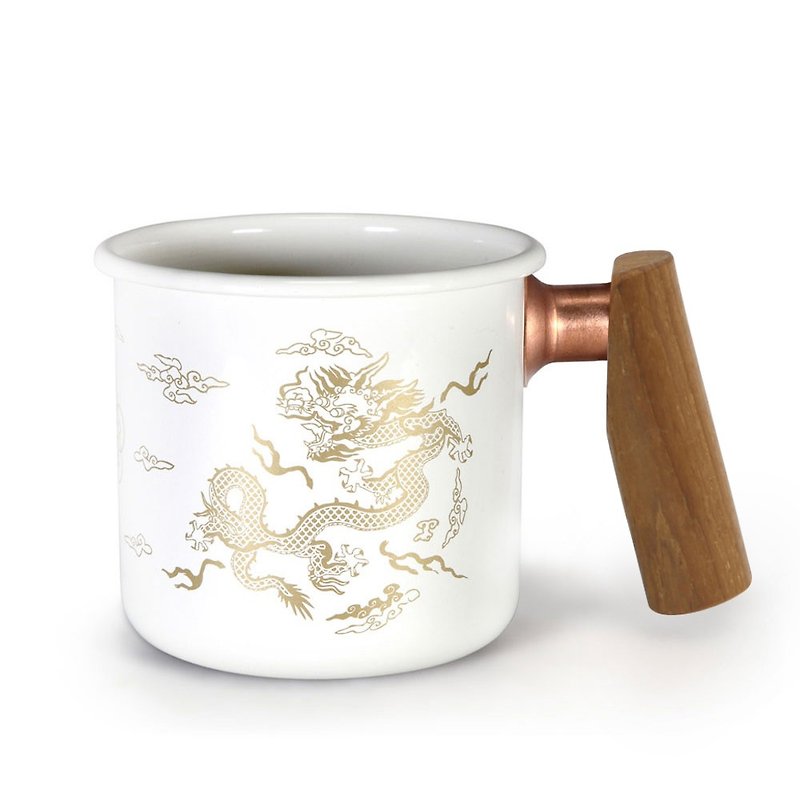 Enamel cup with wooden handle 400ml (Qianlong cup-white) - แก้วมัค/แก้วกาแฟ - วัตถุเคลือบ ขาว