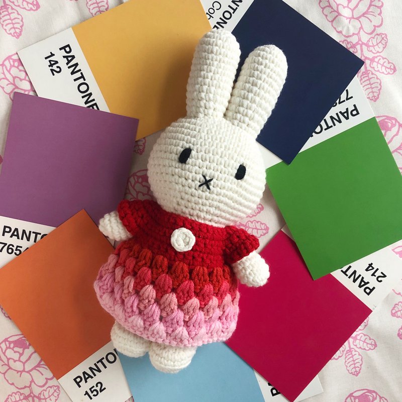 miffy handmade and her red rainbow dress - Stuffed Dolls & Figurines - Cotton & Hemp Red