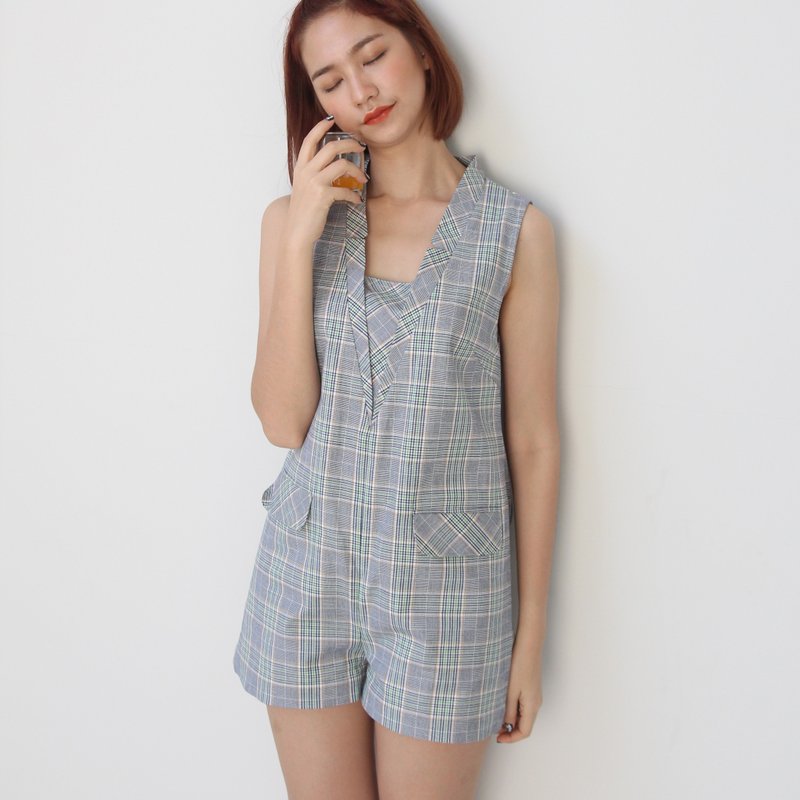 Peter Pan Blazer Playsuit - 吊帶褲/連身褲 - 棉．麻 綠色