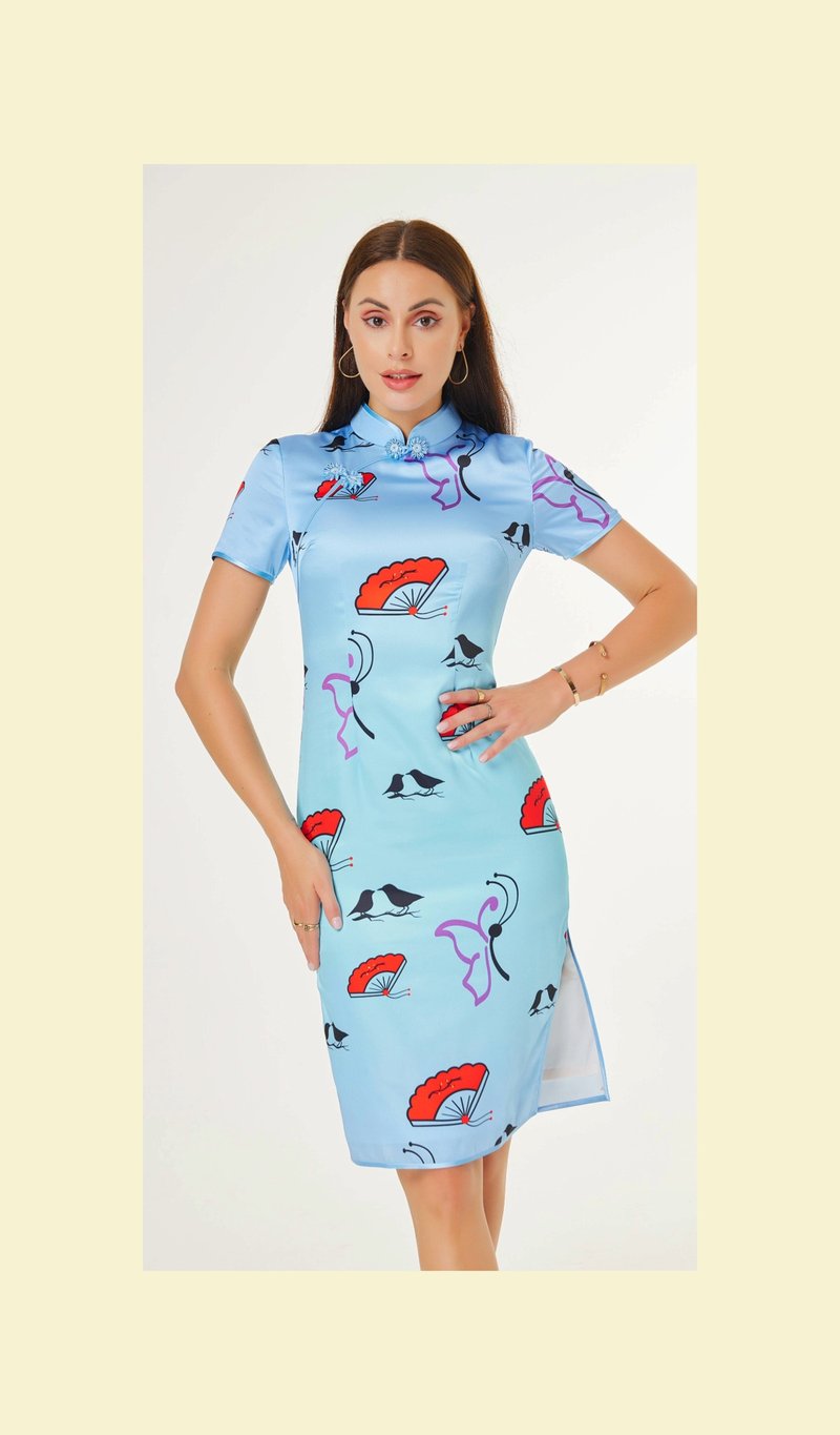 Gradient blue pattern Qipao Modern Cheongsam Brand New Dress Qipao CNY - กี่เพ้า - ผ้าฝ้าย/ผ้าลินิน สีน้ำเงิน