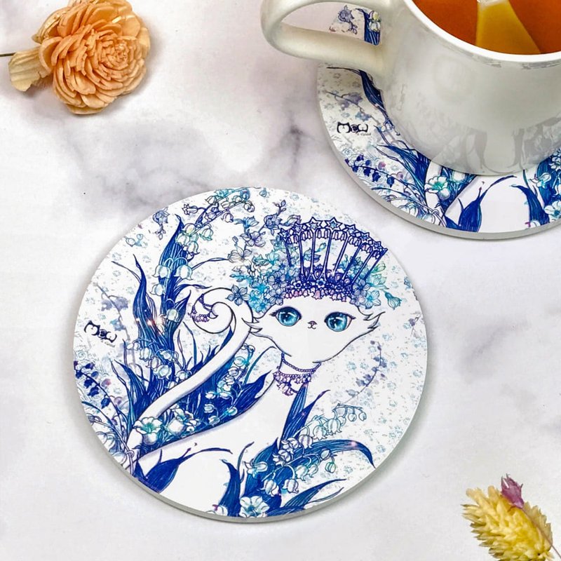 Ceramics | Absorbent Coaster | Hot or Cold-Lily of the Valley Queen Cat - ที่รองแก้ว - เครื่องลายคราม สีน้ำเงิน