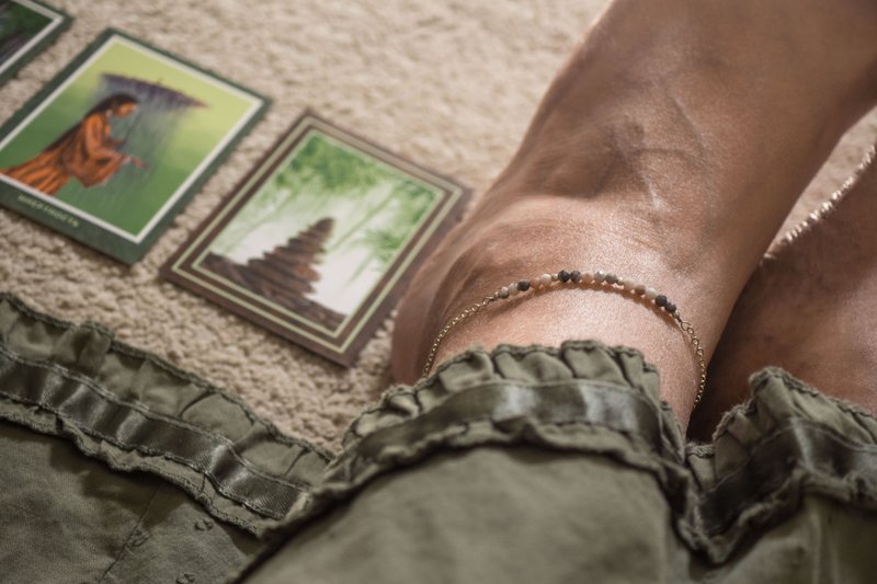 925 Silver Boho Leg Bracelet, Oceanic jasper Anklet,Cancer Crystal, Virgo stone - 手鍊/手環 - 寶石 灰色