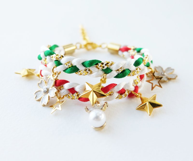 Christmas gift collection , Red/Green/White/Gold double layer braided bracelet with charms - Bracelets - Other Materials Red