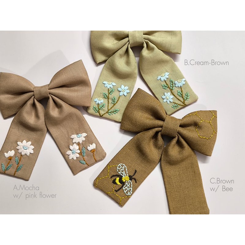 Embroidered Hair Bow #2 Brown - 髮夾/髮圈 - 棉．麻 多色