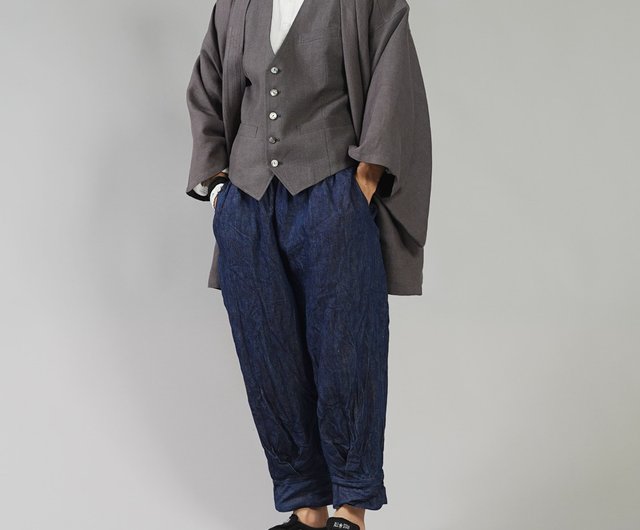 くらしを楽しむアイテム ☆wafu リネン混 デニムパンツ ダークブルー パンツ