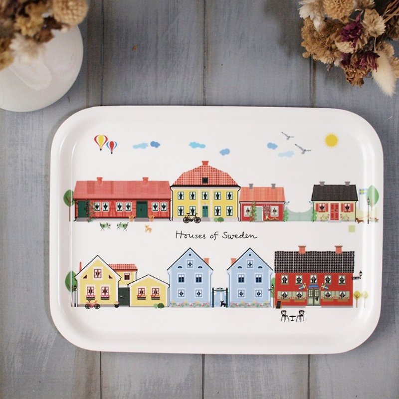 瑞典 EMELIE EK 托盤 餐盤 – 白底小屋 - 小碟/醬油碟 - 木頭 多色