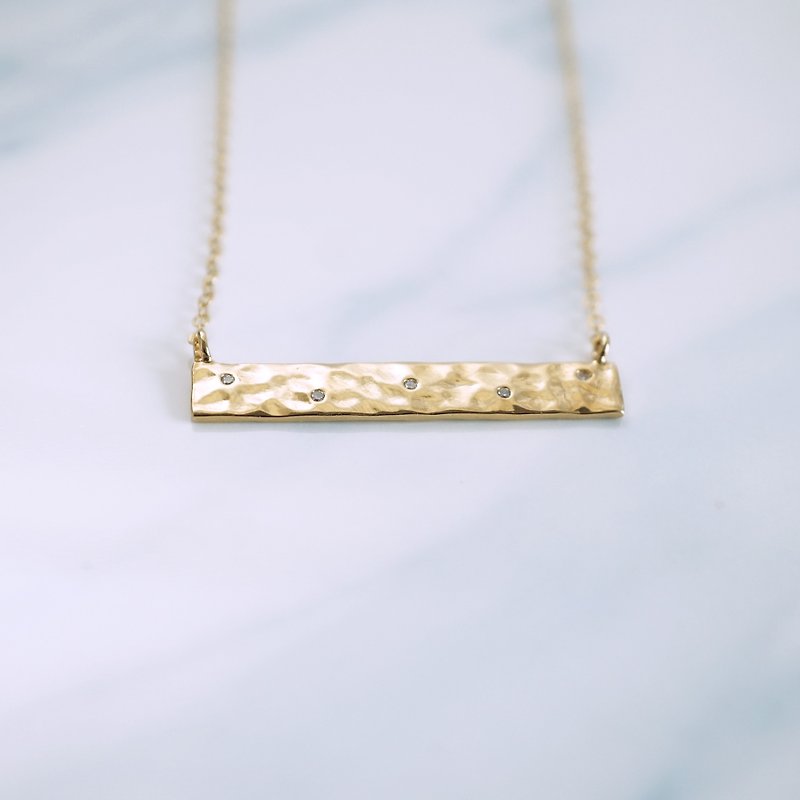 Hammered Bar Necklace with CZ Stones - 14K Gold Filled Chain - Horizontal Bar Necklace - Gold Bar Necklace - Necklaces - Other Metals Gold