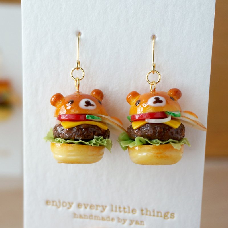 Bear. Cat. Mini Burger (with fried egg version). Handmade earrings. Spot - Earrings & Clip-ons - Resin Brown