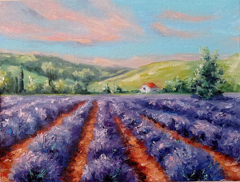 薰衣草 原畫 風景掛畫 Lavender Oil Painting Original Art Handmade Paintings Landscape Art - โปสเตอร์ - วัสดุอื่นๆ สีม่วง