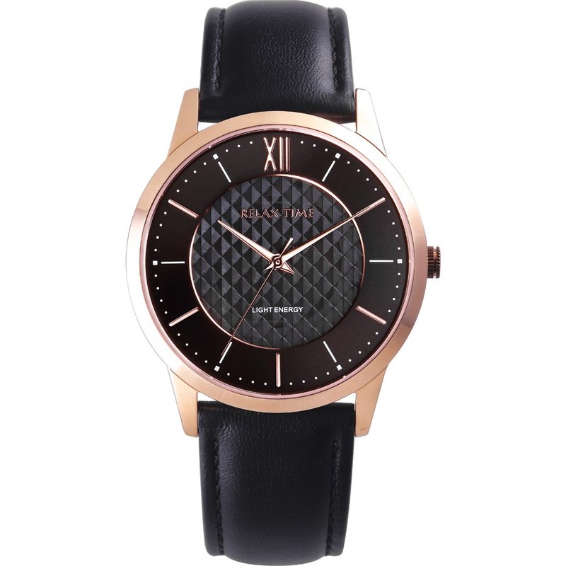 Relax time solar fashion men's watch- Rose Gold black (RT-108S-5m) 44mm - Men's & Unisex Watches - Stainless Steel Black