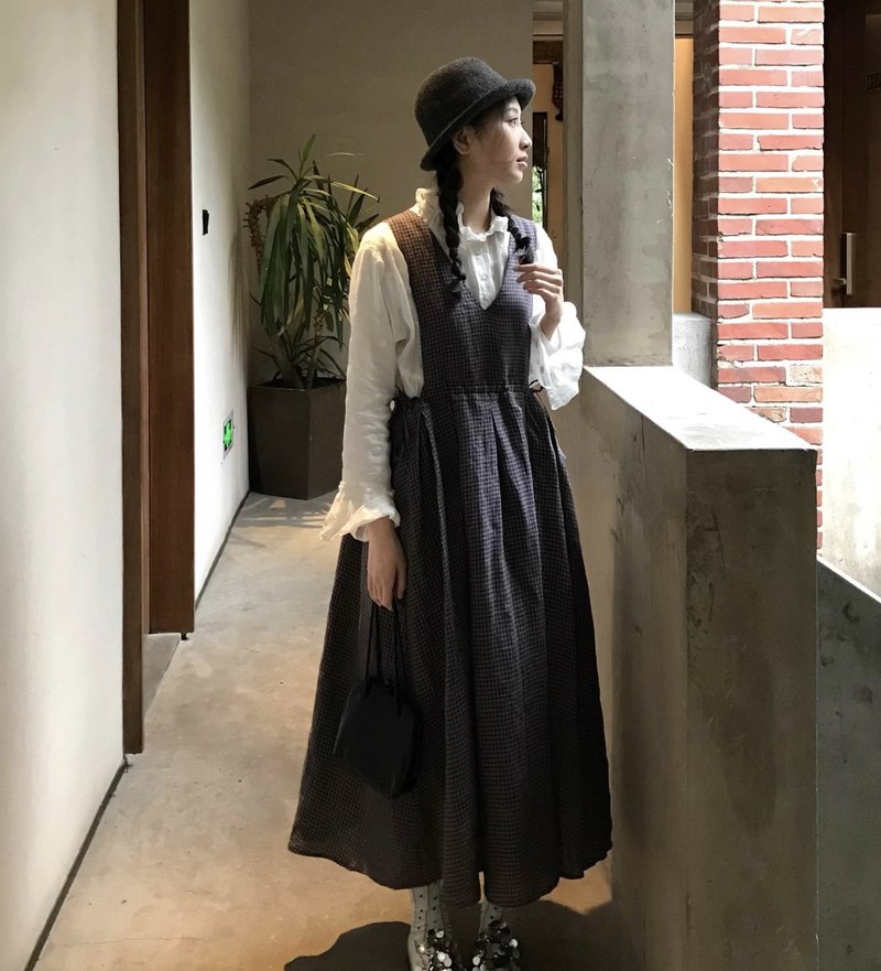 法式復古 紫灰格 亞麻兩面穿連身裙 可客製 - 洋裝/連身裙 - 其他材質 紫色
