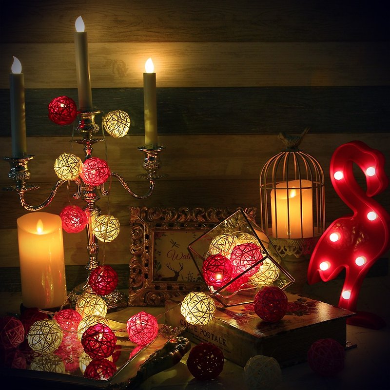 創意燈飾 籐球燈串 電池款 粉紅桃花 長度2M LED氣氛燈 聖誕節 - 燈具/燈飾 - 竹 粉紅色