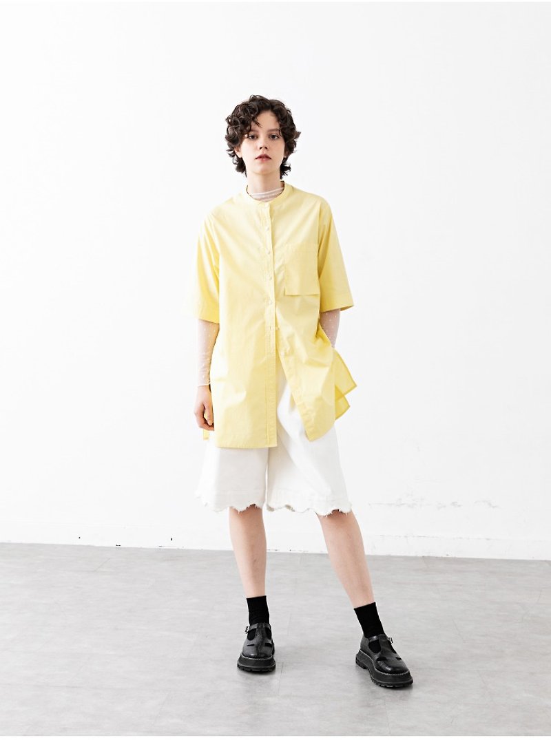 男友風 oversize 設計感中長款襯衫 短袖上衣 - 淡黃色 #633 - 女襯衫 - 棉．麻 黃色