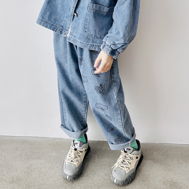 Elephant Good Day Pure Cotton Washed Graffiti Jeans/Children's Wear - กางเกง - ผ้าฝ้าย/ผ้าลินิน สีน้ำเงิน