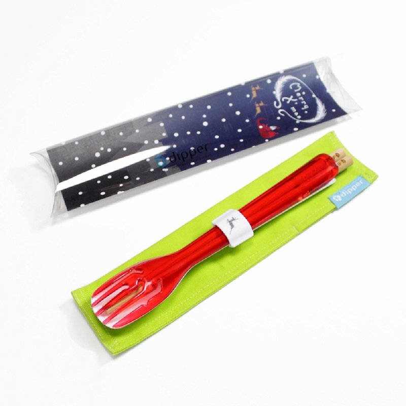 3合1檜木環保餐具組-莓果紅叉(聖誕節限定版) - 筷子/筷子架 - 塑膠 紅色