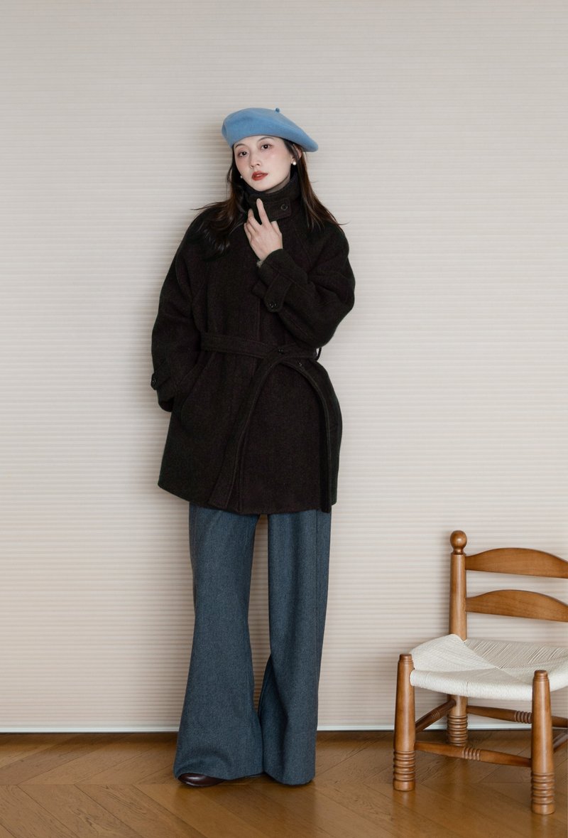 Thick mixed color all wool retro atmosphere lapel waist loose mid-length wool coat - เสื้อผู้หญิง - ขนแกะ 