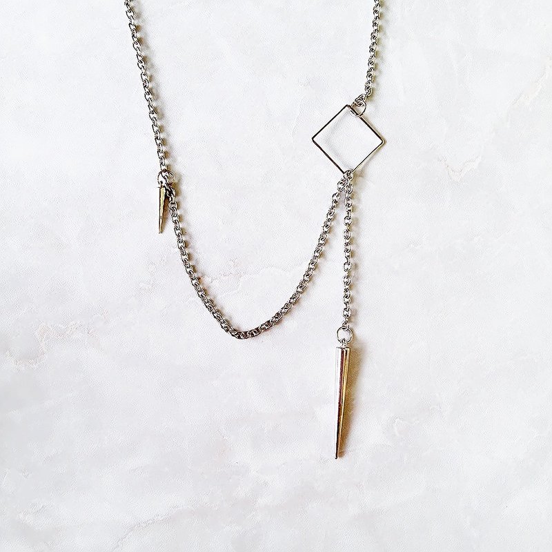 :: :: Jane Yue Pangke series of minimalist punk rivet geometry individuality lariat necklace / :: Minimalist PUNK Collection :: Rhodium Plated Minimalist Punk Geometric Spike Stainless Steel Chain Lariat Necklace Y Necklace - สร้อยคอ - โลหะ สีเงิน