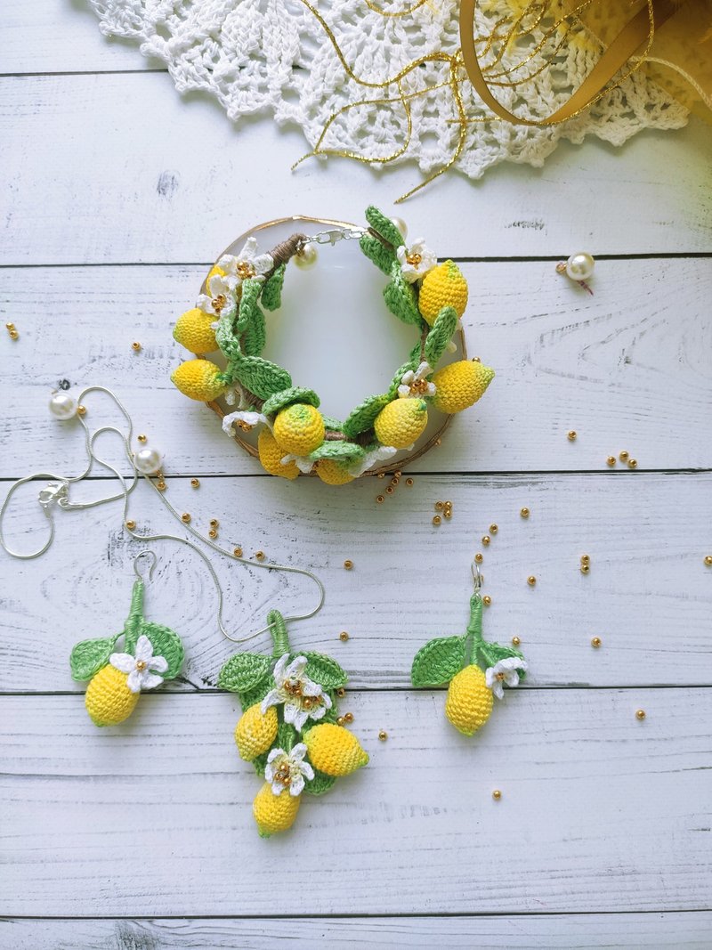 Lemon Earrings SET lemon bracelet citrus pendant lemon jewelry 檸檬耳環 - Earrings & Clip-ons - Cotton & Hemp Yellow