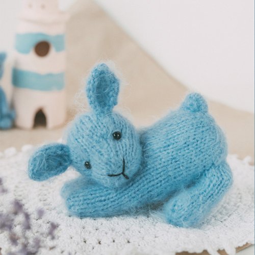 Cute Knit Toy Blue Bunny knitting pattern. New Year symbol 2023. DIY tiny toy. English and Rus