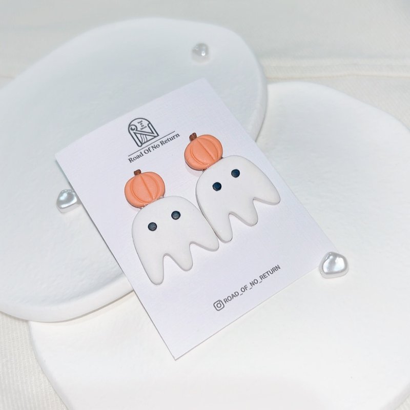 Polymer clay earrings|Halloween Pumpkin Imp|High quality medical grade Stainless Steel ear needles - ต่างหู - ดินเผา ขาว