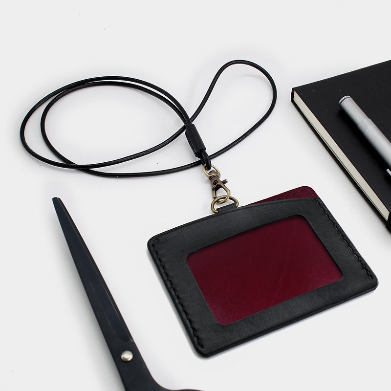 RENEW-Horizontal document holder, card holder black + wine red vegetable tanned leather hand-stitched - ที่ใส่บัตรคล้องคอ - หนังแท้ สีแดง