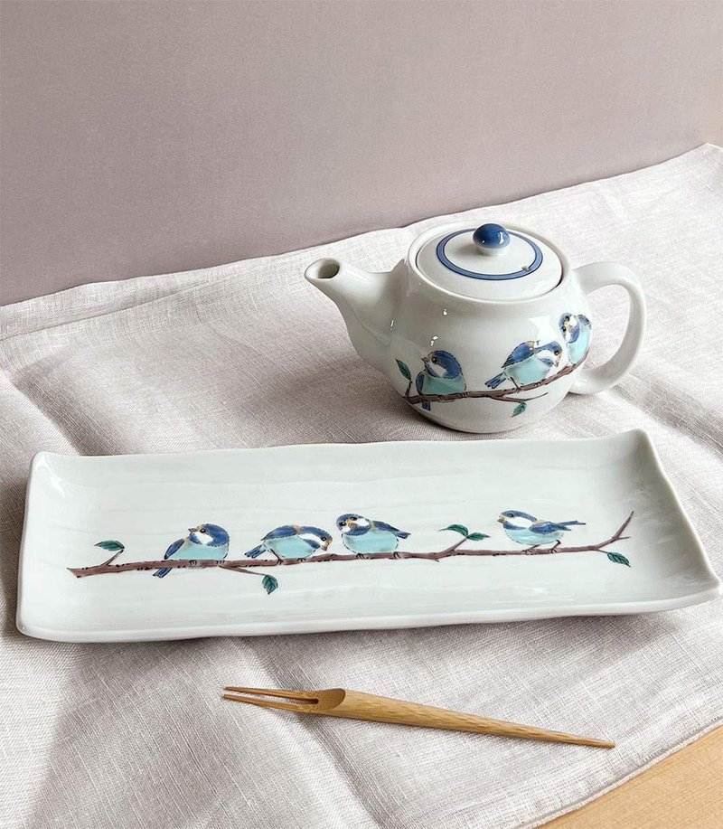 Chickadee long plate (28cm)/Jiugu Qingjiao Kiln - จานและถาด - ดินเผา สีน้ำเงิน