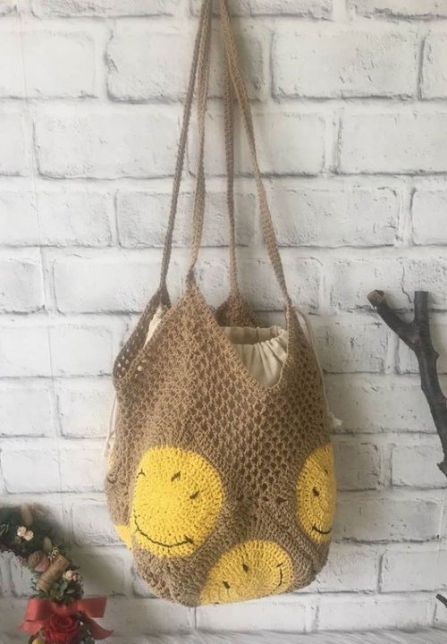愛編織 編織愛 Love to Knit, Knit for Love 手作純棉大微笑大容量編織包(附內袋)/肩揹包/購物袋/渡假包~奶茶