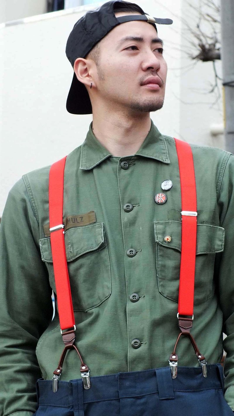 サスペンダー 牛革 ダブルクリップ 30mm幅 無地 レッド 身長185cmまで対応 日本製 BOXケース入り プレゼント 男性 - その他 - ゴム レッド