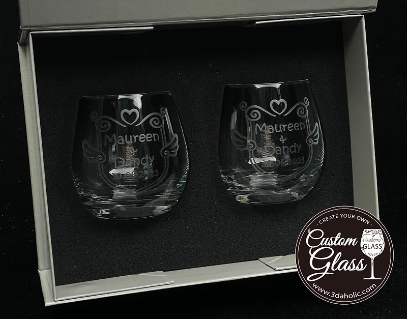 [Customization] Whiskey glass engraving (pair) with gift box – heart words / name engraving - อื่นๆ - แก้ว สีใส