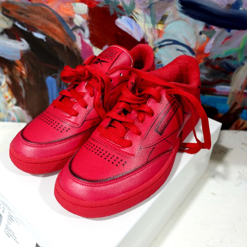 Maison Margiela X Reebok 火紅色真皮黑線印花圖案平底波鞋散步 - 男休閒鞋 - 真皮 紅色