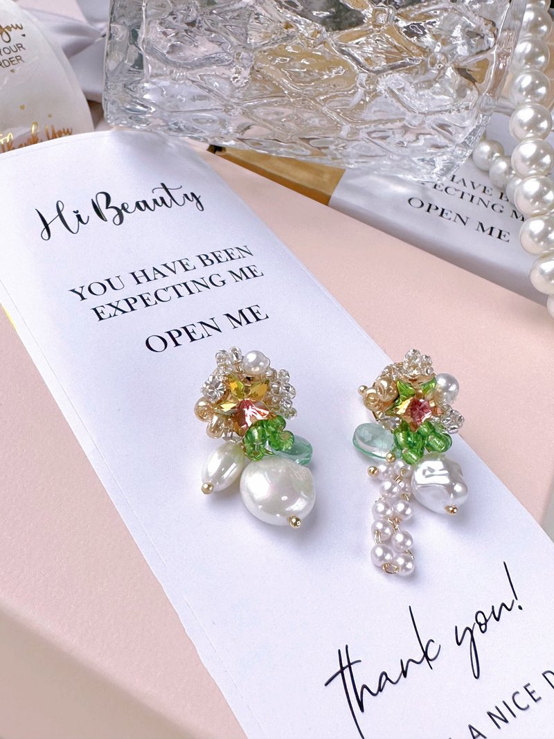 Star Earrings/Party Earrings/Pearl Earrings/ Stone Earrings/Emerald/Vintage - ต่างหู - วัสดุอื่นๆ สีเขียว