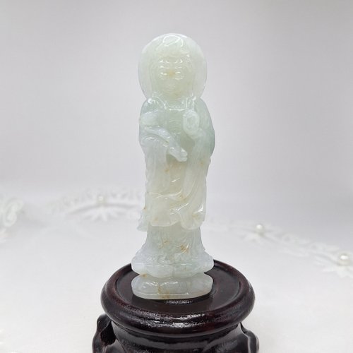 緣圓翡翠 溫潤帶冰桂花糕手工雕刻大慈大悲觀世音像擺件 |天然緬甸玉A貨翡