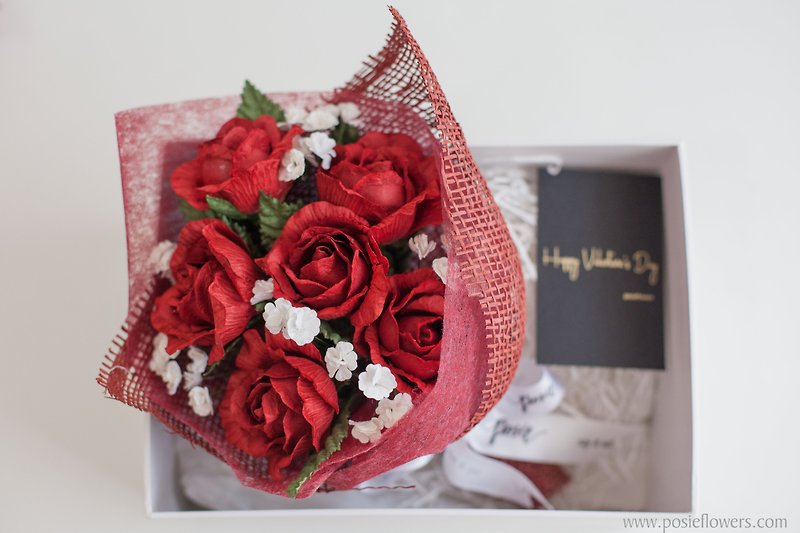 紙 擺飾/家飾品 紅色 - SCARLET ROSE - Small Flower Bouquet in Box